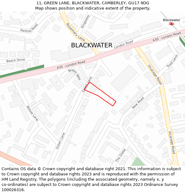 11, GREEN LANE, BLACKWATER, CAMBERLEY, GU17 9DG: Location map and indicative extent of plot