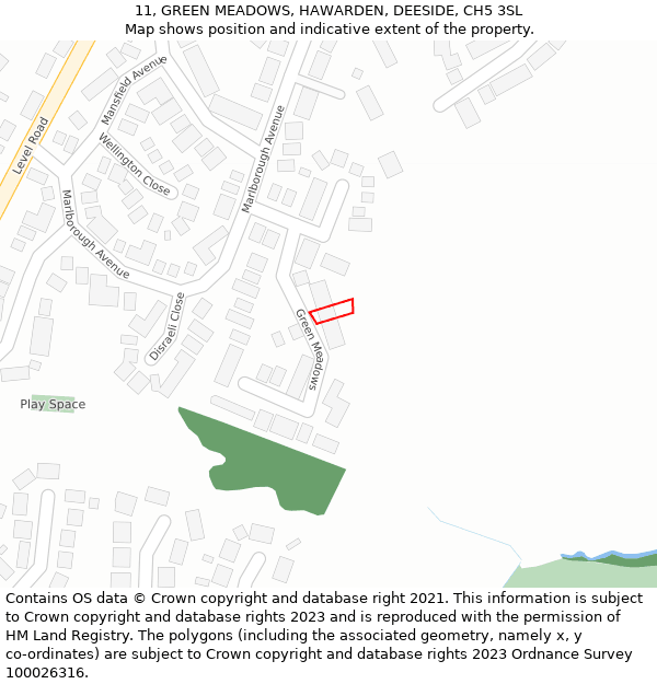 11, GREEN MEADOWS, HAWARDEN, DEESIDE, CH5 3SL: Location map and indicative extent of plot