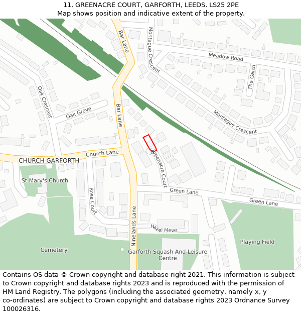 11, GREENACRE COURT, GARFORTH, LEEDS, LS25 2PE: Location map and indicative extent of plot