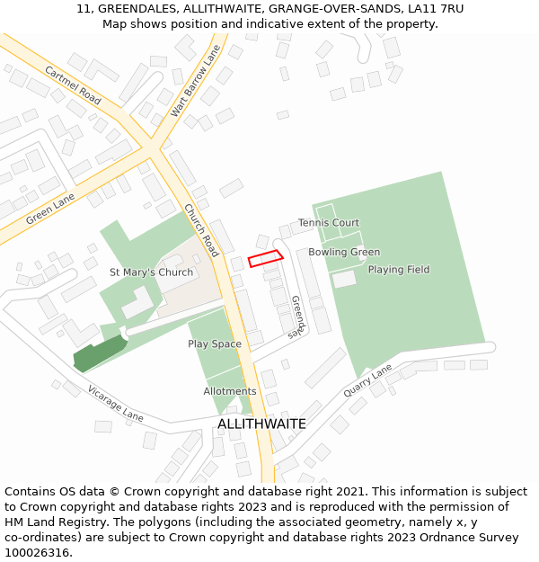 11, GREENDALES, ALLITHWAITE, GRANGE-OVER-SANDS, LA11 7RU: Location map and indicative extent of plot