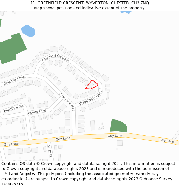 11, GREENFIELD CRESCENT, WAVERTON, CHESTER, CH3 7NQ: Location map and indicative extent of plot