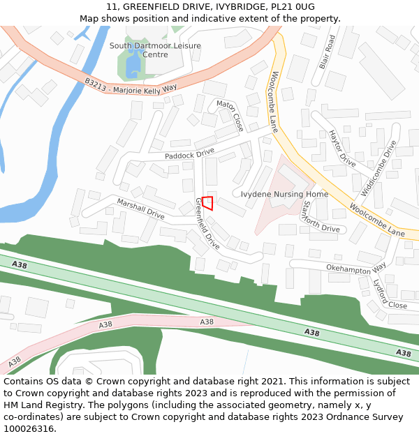 11, GREENFIELD DRIVE, IVYBRIDGE, PL21 0UG: Location map and indicative extent of plot