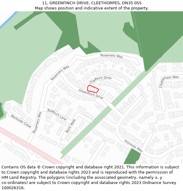 11, GREENFINCH DRIVE, CLEETHORPES, DN35 0SS: Location map and indicative extent of plot