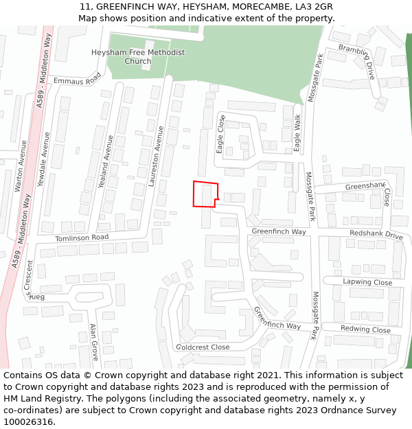 11, GREENFINCH WAY, HEYSHAM, MORECAMBE, LA3 2GR: Location map and indicative extent of plot