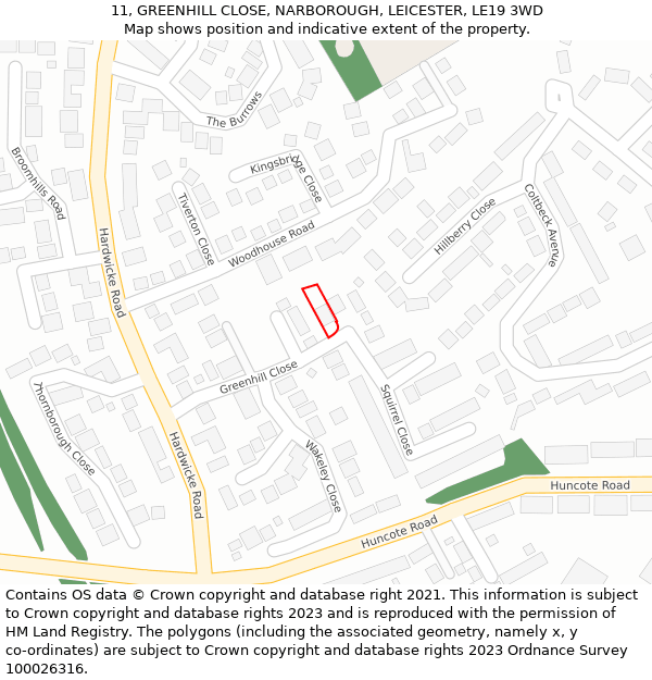 11, GREENHILL CLOSE, NARBOROUGH, LEICESTER, LE19 3WD: Location map and indicative extent of plot