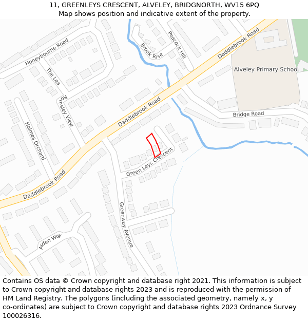 11, GREENLEYS CRESCENT, ALVELEY, BRIDGNORTH, WV15 6PQ: Location map and indicative extent of plot