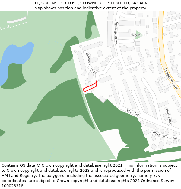 11, GREENSIDE CLOSE, CLOWNE, CHESTERFIELD, S43 4PX: Location map and indicative extent of plot