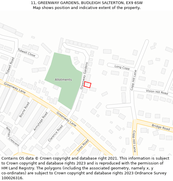 11, GREENWAY GARDENS, BUDLEIGH SALTERTON, EX9 6SW: Location map and indicative extent of plot