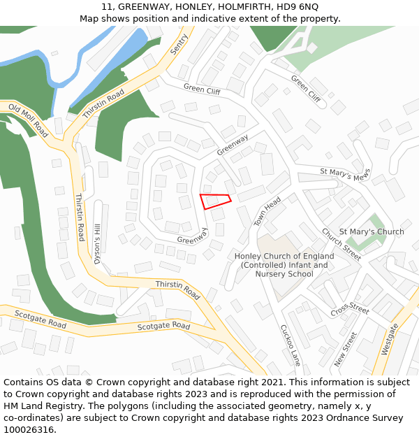 11, GREENWAY, HONLEY, HOLMFIRTH, HD9 6NQ: Location map and indicative extent of plot