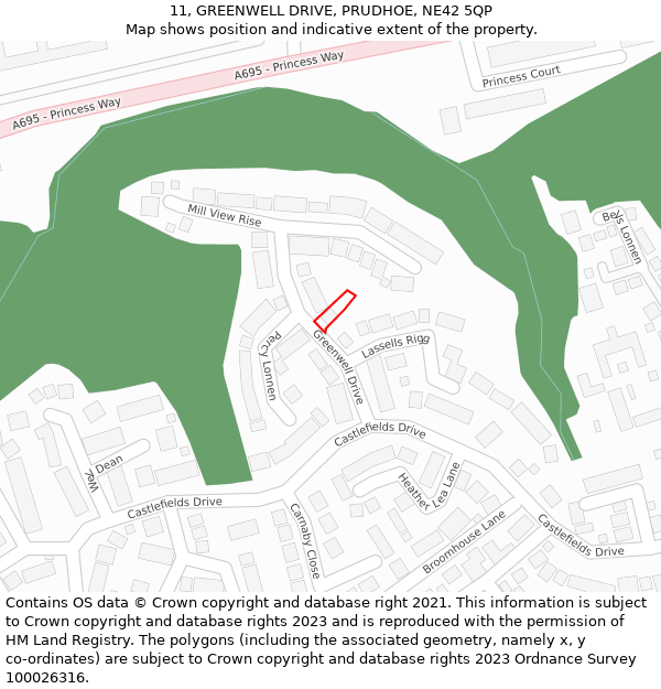 11, GREENWELL DRIVE, PRUDHOE, NE42 5QP: Location map and indicative extent of plot