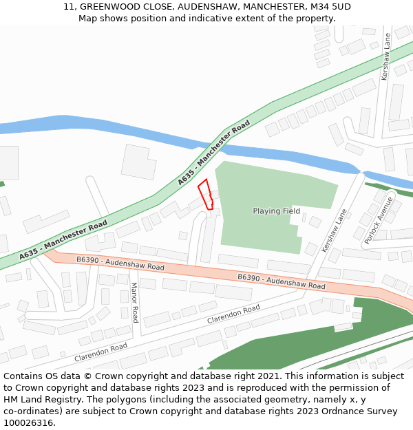 11, GREENWOOD CLOSE, AUDENSHAW, MANCHESTER, M34 5UD: Location map and indicative extent of plot