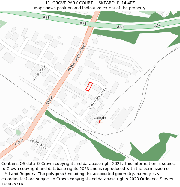 11, GROVE PARK COURT, LISKEARD, PL14 4EZ: Location map and indicative extent of plot