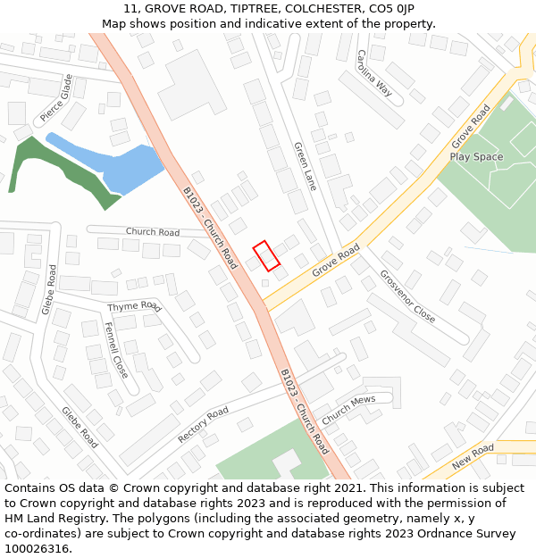 11, GROVE ROAD, TIPTREE, COLCHESTER, CO5 0JP: Location map and indicative extent of plot