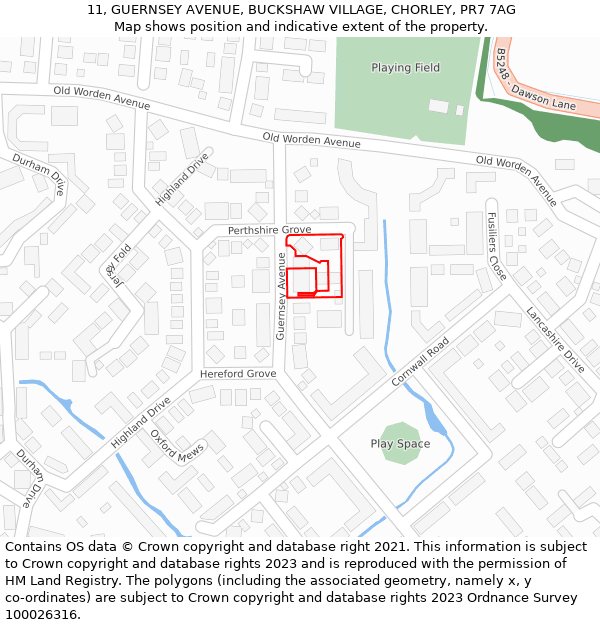 11, GUERNSEY AVENUE, BUCKSHAW VILLAGE, CHORLEY, PR7 7AG: Location map and indicative extent of plot