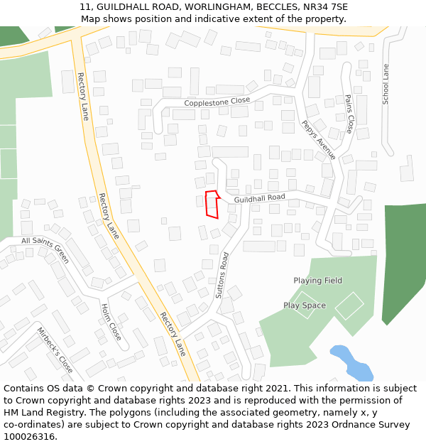 11, GUILDHALL ROAD, WORLINGHAM, BECCLES, NR34 7SE: Location map and indicative extent of plot