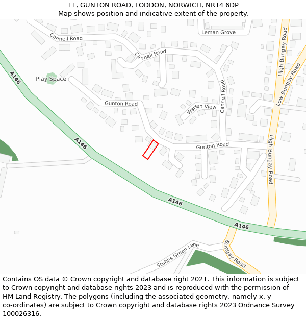 11, GUNTON ROAD, LODDON, NORWICH, NR14 6DP: Location map and indicative extent of plot