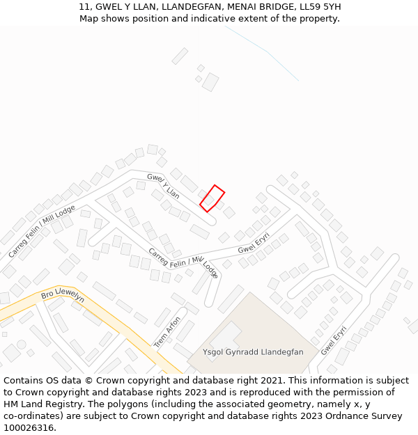 11, GWEL Y LLAN, LLANDEGFAN, MENAI BRIDGE, LL59 5YH: Location map and indicative extent of plot