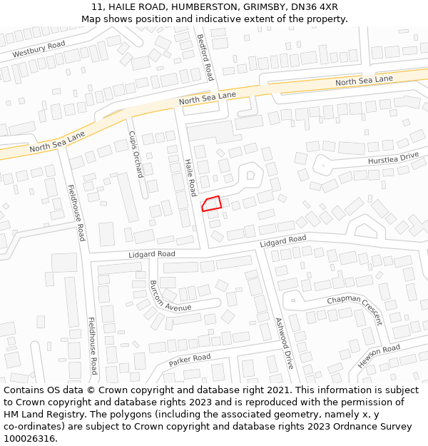 11, HAILE ROAD, HUMBERSTON, GRIMSBY, DN36 4XR: Location map and indicative extent of plot