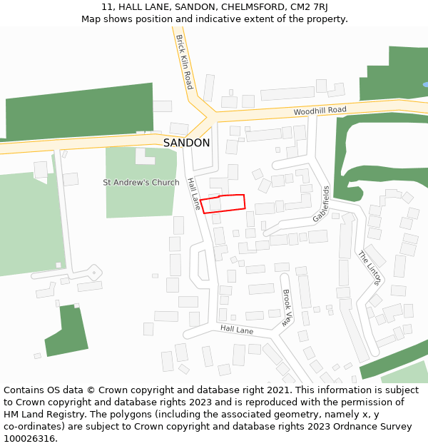 11, HALL LANE, SANDON, CHELMSFORD, CM2 7RJ: Location map and indicative extent of plot