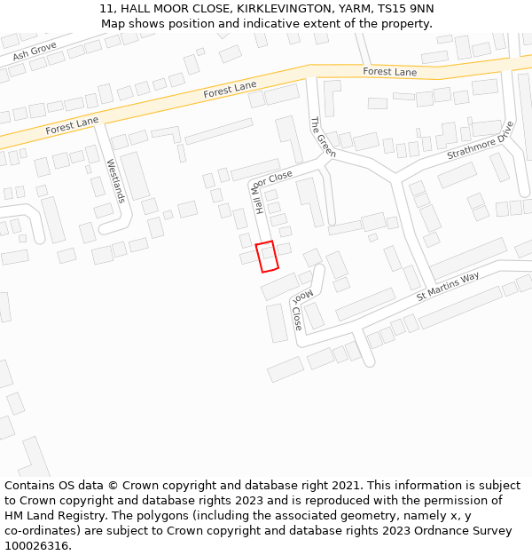 11, HALL MOOR CLOSE, KIRKLEVINGTON, YARM, TS15 9NN: Location map and indicative extent of plot