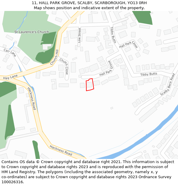 11, HALL PARK GROVE, SCALBY, SCARBOROUGH, YO13 0RH: Location map and indicative extent of plot