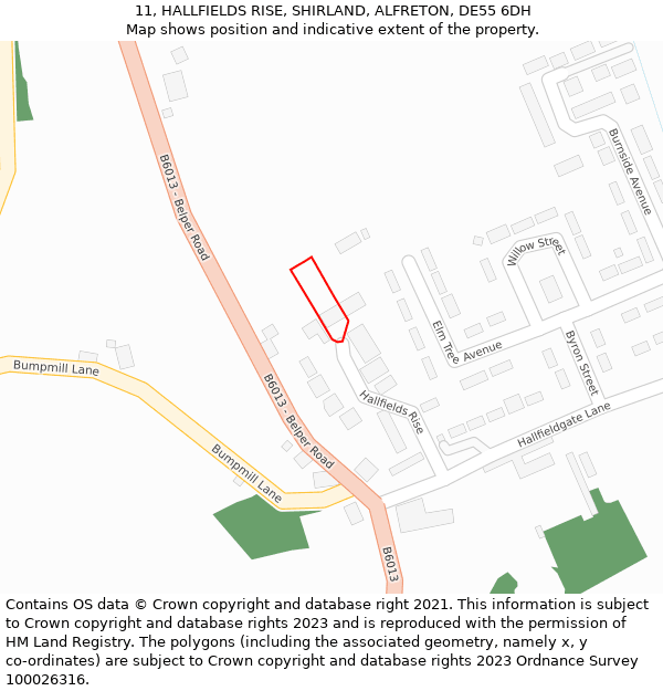 11, HALLFIELDS RISE, SHIRLAND, ALFRETON, DE55 6DH: Location map and indicative extent of plot