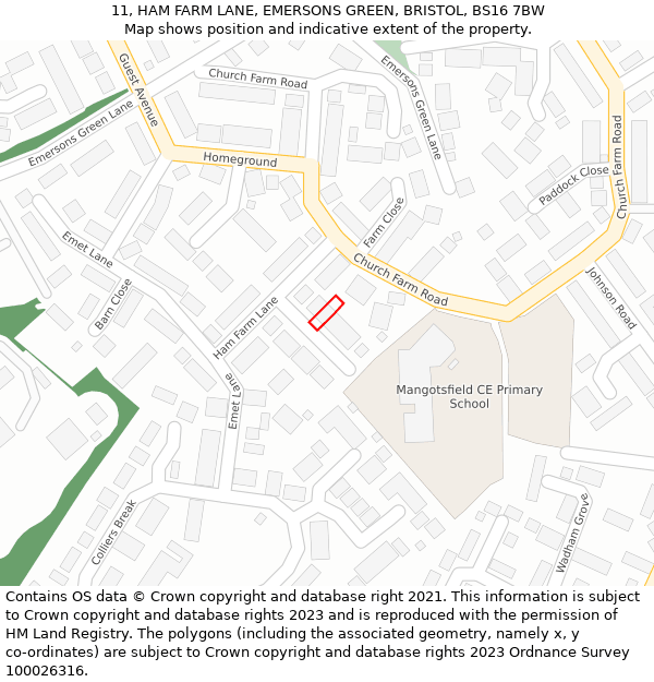11, HAM FARM LANE, EMERSONS GREEN, BRISTOL, BS16 7BW: Location map and indicative extent of plot