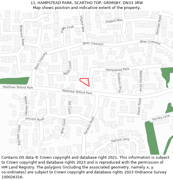 11, HAMPSTEAD PARK, SCARTHO TOP, GRIMSBY, DN33 3RW: Location map and indicative extent of plot