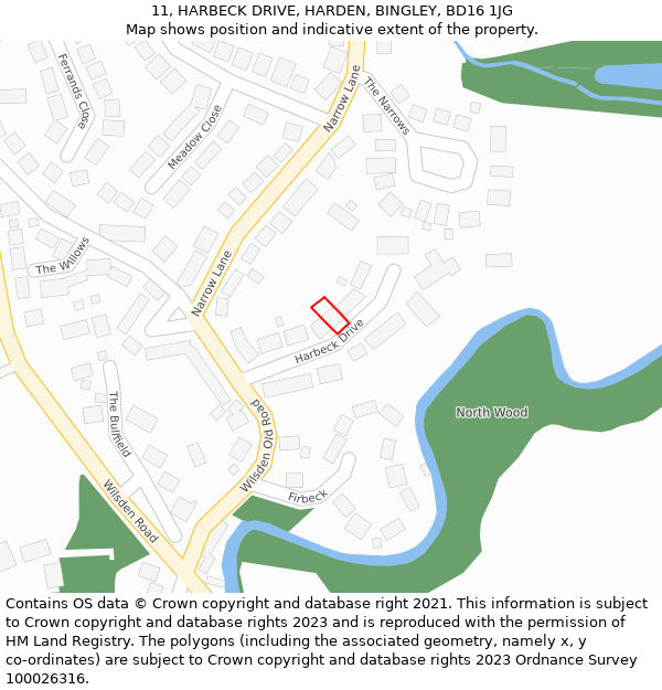 11, HARBECK DRIVE, HARDEN, BINGLEY, BD16 1JG: Location map and indicative extent of plot