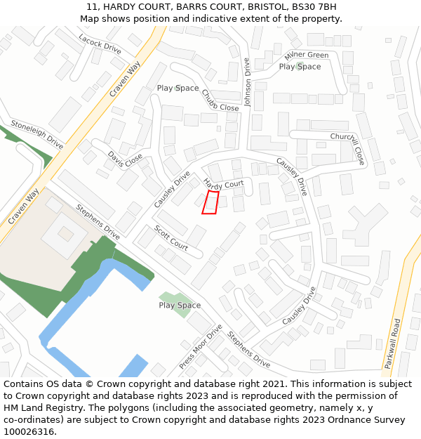 11, HARDY COURT, BARRS COURT, BRISTOL, BS30 7BH: Location map and indicative extent of plot