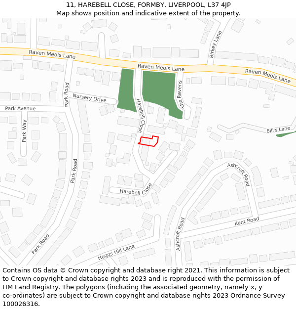 11, HAREBELL CLOSE, FORMBY, LIVERPOOL, L37 4JP: Location map and indicative extent of plot