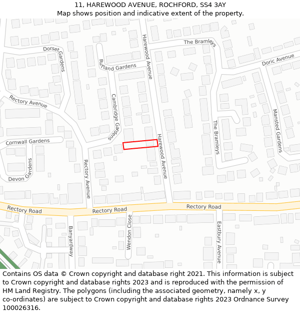 11, HAREWOOD AVENUE, ROCHFORD, SS4 3AY: Location map and indicative extent of plot