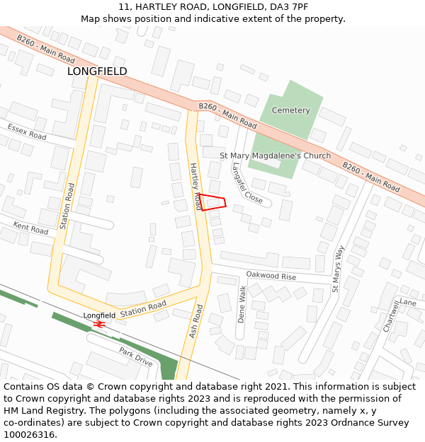 11, HARTLEY ROAD, LONGFIELD, DA3 7PF: Location map and indicative extent of plot