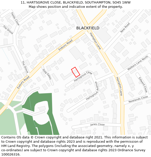 11, HARTSGROVE CLOSE, BLACKFIELD, SOUTHAMPTON, SO45 1WW: Location map and indicative extent of plot