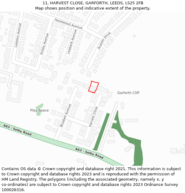 11, HARVEST CLOSE, GARFORTH, LEEDS, LS25 2FB: Location map and indicative extent of plot