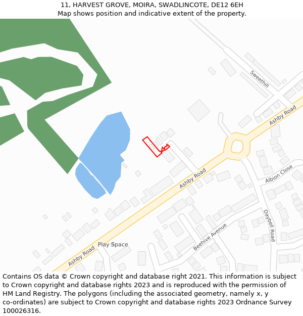 11, HARVEST GROVE, MOIRA, SWADLINCOTE, DE12 6EH: Location map and indicative extent of plot