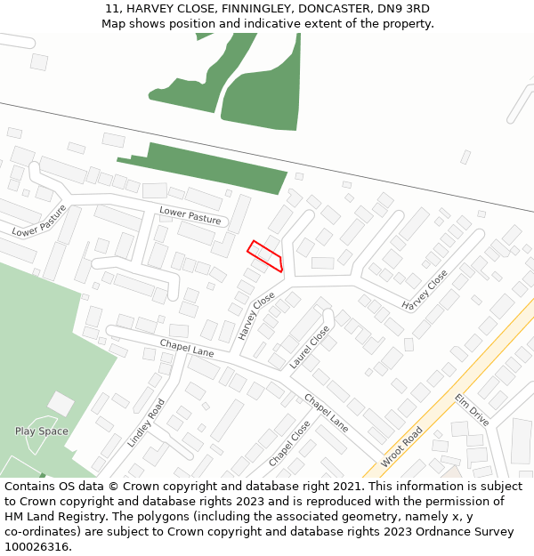 11, HARVEY CLOSE, FINNINGLEY, DONCASTER, DN9 3RD: Location map and indicative extent of plot