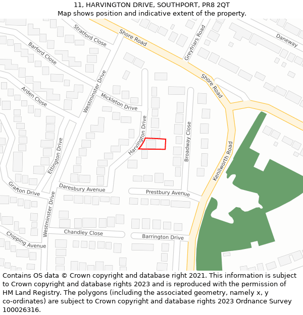 11, HARVINGTON DRIVE, SOUTHPORT, PR8 2QT: Location map and indicative extent of plot