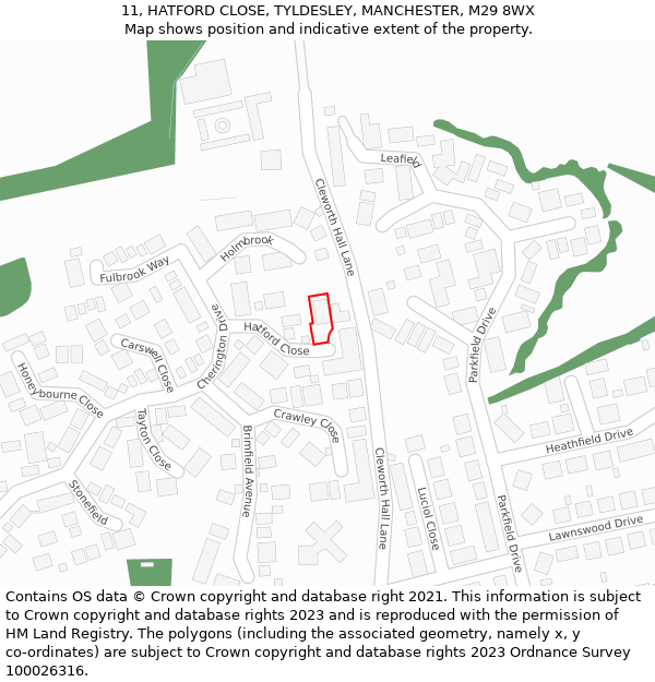 11, HATFORD CLOSE, TYLDESLEY, MANCHESTER, M29 8WX: Location map and indicative extent of plot