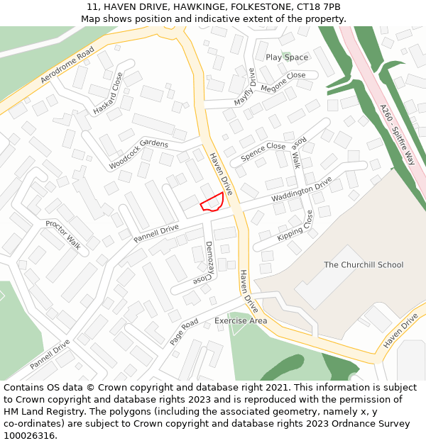 11, HAVEN DRIVE, HAWKINGE, FOLKESTONE, CT18 7PB: Location map and indicative extent of plot