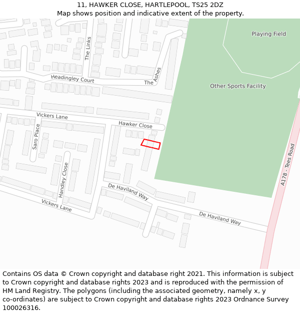 11, HAWKER CLOSE, HARTLEPOOL, TS25 2DZ: Location map and indicative extent of plot