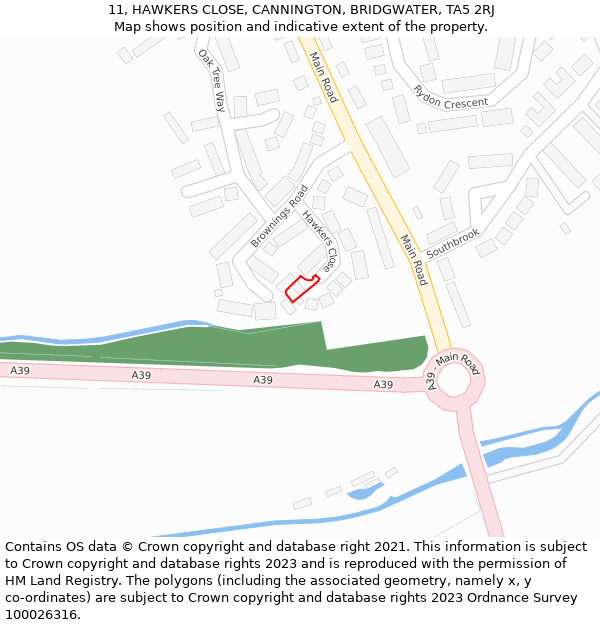 11, HAWKERS CLOSE, CANNINGTON, BRIDGWATER, TA5 2RJ: Location map and indicative extent of plot