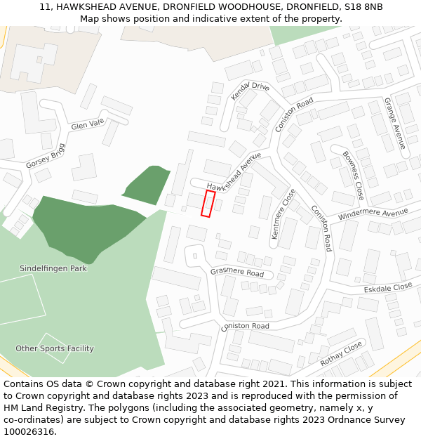 11, HAWKSHEAD AVENUE, DRONFIELD WOODHOUSE, DRONFIELD, S18 8NB: Location map and indicative extent of plot