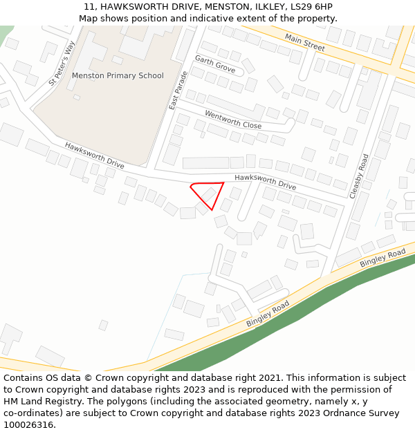 11, HAWKSWORTH DRIVE, MENSTON, ILKLEY, LS29 6HP: Location map and indicative extent of plot