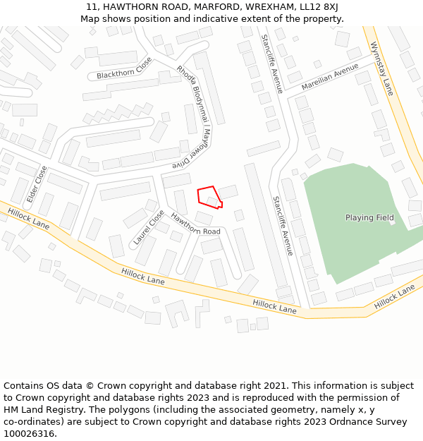 11, HAWTHORN ROAD, MARFORD, WREXHAM, LL12 8XJ: Location map and indicative extent of plot