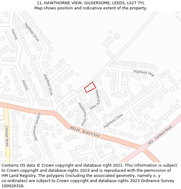 11, HAWTHORNE VIEW, GILDERSOME, LEEDS, LS27 7YL: Location map and indicative extent of plot