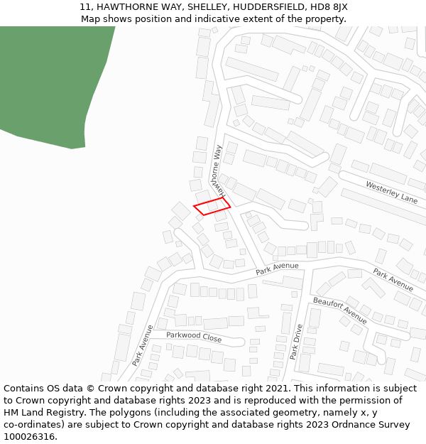 11, HAWTHORNE WAY, SHELLEY, HUDDERSFIELD, HD8 8JX: Location map and indicative extent of plot