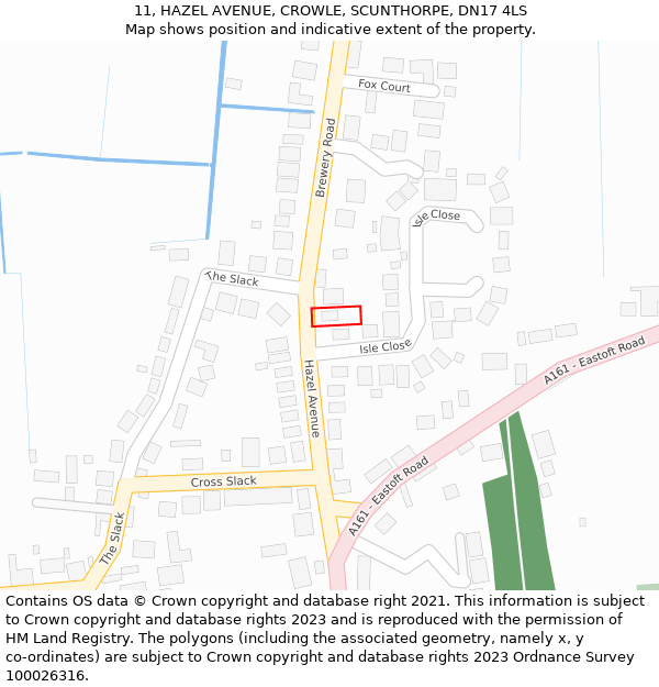 11, HAZEL AVENUE, CROWLE, SCUNTHORPE, DN17 4LS: Location map and indicative extent of plot