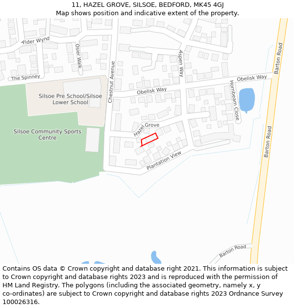 11, HAZEL GROVE, SILSOE, BEDFORD, MK45 4GJ: Location map and indicative extent of plot