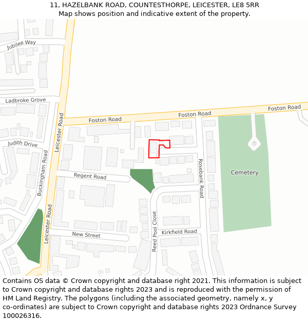 11, HAZELBANK ROAD, COUNTESTHORPE, LEICESTER, LE8 5RR: Location map and indicative extent of plot